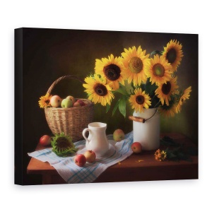 Tablou Canvas - Natura Moarta Cu Floarea Soarelui, Galben, Cos, Rustic, 50 x 70 cm