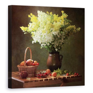 Tablou Canvas - Natura Moarta Cu Flori De Lunca, Fructe, 90 x 90 cm