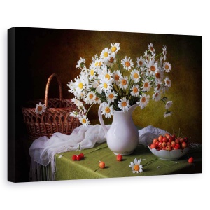 Tablou canvas - Natura moarta cu musetel, Natura moarta, Margareta, Flori, Cirese, 80 x 120 cm
