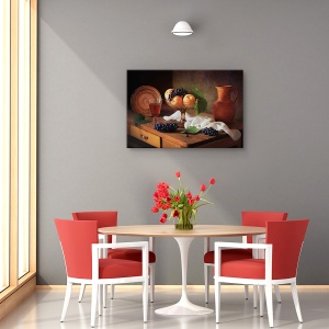 tablou decorativ natură moartă cu piersici și struguri pe canvas