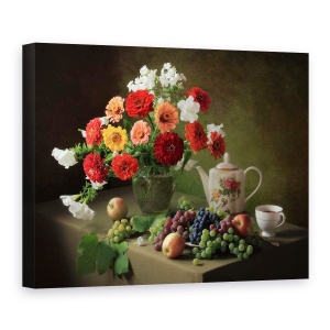 Tablou Canvas - Natura Moarta Cu Un Buchet De Zinnias si Fructe, Struguri, 60 x 80 cm