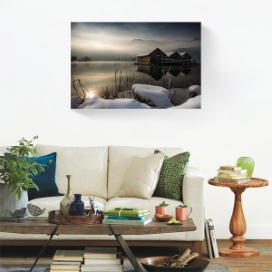 Tablou canvas iarnă peisaj cu căsuță la lac