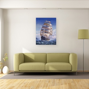 Tablou canvas - Natura, Peisaj, Nava, Mare, Valuri, Munti, Nori, Pictura, 60 x 80 cm - Img 2