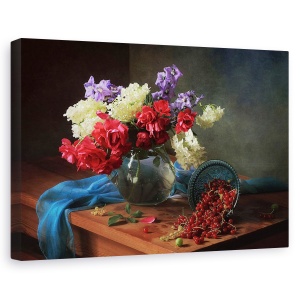 Tablou canvas - Natura statica, Natura moarta, Coacaze, Fructe De Padure, Flori, 80 x 120 cm