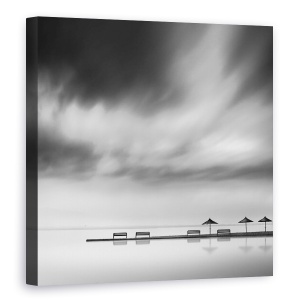 Tablou canvas - Patru Banci Si Trei Umbrele, Peisaj Marin, Plaja, Grafic, 90 x 90 cm