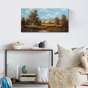 Tablou Canvas - Peisaj, Rau, Dealuri, Copaci, Ferma, Toamna, 50 x 100 cm - Img 2
