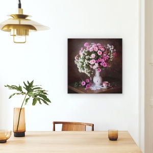 Tablou Canvas - Un Buchet De Crizanteme, Roz, Vaza, Cana, Ceai, Cafea, 60 x 60 cm - Img 4