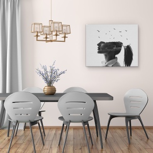 Tablou canvas - Zefir, Expunere Dubla, Alb-Negru, Femeie, Par, Pasari, 60 x 75 cm - Img 4