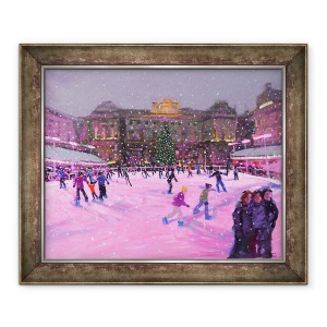 Tablou inramat - Andrew Macara - Patinaj de Craciun, Casa Somerset cu lumini roz, 50 x 60 cm