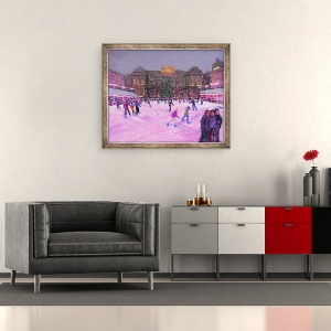 Tablou inramat - Andrew Macara - Patinaj de Craciun, Casa Somerset cu lumini roz, 50 x 60 cm - Img 2