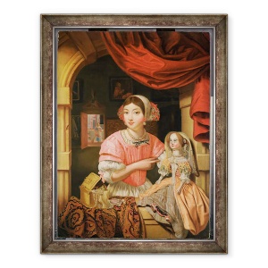 Tablou inramat - Edwaert Colyer - Fata care detine o papusa intr-un interior cu o menajera care matuie in spatele, 70 x 90 cm