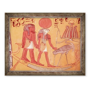 Tablou inramat - Egyptian 19th Dynasty - Barca solara cu Re-Horakhty, pasarea benu si alte patru zeitati, de la mormantul din Sennedjem, Satul Muncitorilor, 70 x 90 cm