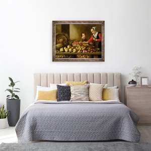 Tablou inramat - Floris van Schooten - Fata de vanzare struguri de la o masa mare incarcat cu fructe si legume, 60 x 80 cm - Img 3