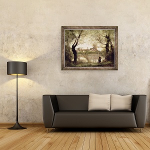 Tablou inramat - Jean Baptiste Camille Corot - Vedere a orasului si a Catedralei Mantes prin copaci, 60 x 80 cm - Img 2
