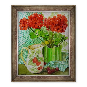 Tablou inramat - Joan Thewsey - Geranium rosu cu ulcior de capsuni si cirese, 70 x 85 cm