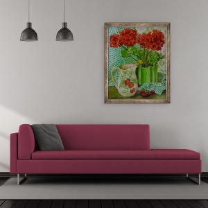 Tablou inramat - Joan Thewsey - Geranium rosu cu ulcior de capsuni si cirese, 70 x 85 cm - Img 2