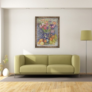 Tablou inramat - Joan Thewsey - Lalele intr-o vaza japoneza cu fructe, 70 x 90 cm - Img 2