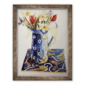Tablou inramat - Joan Thewsey - Lalele, Iris si Narcis intr-un ulcior de email albastru cu o tigla italiana, 70 x 90 cm