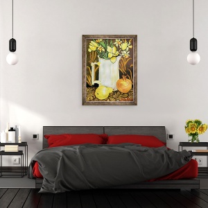 Tablou inramat - Joan Thewsey - Lalele si narcise intr-un ulcior alb, cu textile, 70 x 90 cm - Img 3