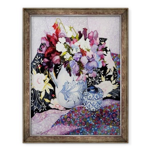 Tablou inramat - Joan Thewsey - Mazare dulce intr-o cana albastra si alba cu oala albastra si alba si textile, 60 x 80 cm