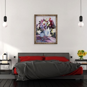 Tablou inramat - Joan Thewsey - Mazare dulce intr-o cana albastra si alba cu oala albastra si alba si textile, 70 x 90 cm - Img 3