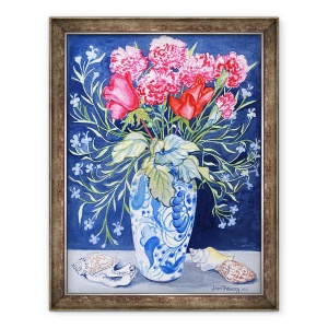 Tablou inramat - Joan Thewsey - Trandafiri, garoafe si Lobelia intr-o vaza albastra si alba, 60 x 80 cm