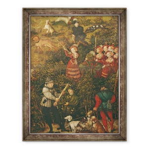 Tablou inramat - Lucas Cranach the Elder - Sybille de Saxonia se pregateste sa traga cu arbaleta ei in onoarea imparatului Carol al V-lea langa Castelul Hartenfels, Torgau, 70 x 90 cm