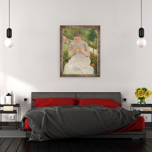 Tablou inramat - Mary Stevenson Cassatt - Tanara femeie de cusut in gradina, 60 x 80 cm - Img 3