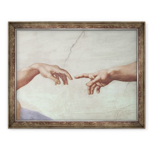 Tablou inramat - Michelangelo Buonarroti - Mainile lui Dumnezeu si ale lui Adam, detalii de la crearea lui Adam, de la tavanul Sixtina, 70 x 90 cm