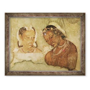 Tablou inramat - Scoala indiana - O printesa si servitorul ei, copie a unei fresce din Pesterile Ajanta, 70 x 90 cm