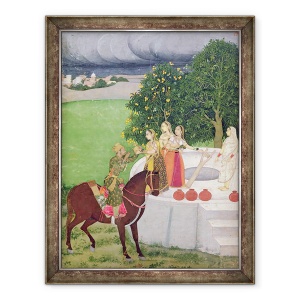 Tablou inramat - Scoala indiana - Un print cersind apa de la femei la o fantana, Mughal, 60 x 80 cm
