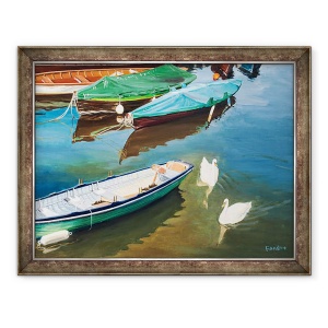 Tablou inramat - Tony Fandino - Barci pe Tamisa la Richmond cu lebede, 70 x 90 cm