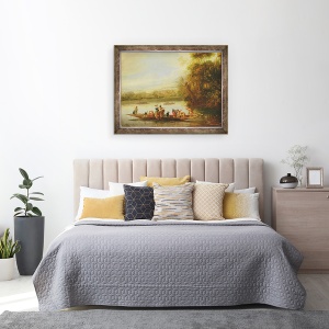 Tablou inramat - Willem Schellinks - Un peisaj cu un feribot aglomerat care traverseaza apa in prim-plan, 60 x 80 cm - Img 3