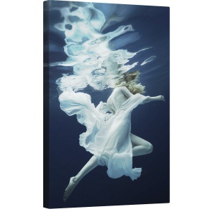 Tablou canvas - Apa si Aer, Fata, Sub Apa, Rochie, Albastru, Model, Femeie, 60 x 90 cm