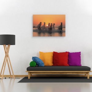 Tablou canvas - Apus De Soare In Camargue, Cai, Fuga, 60 x 90 cm - Img 2