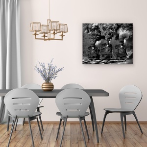 Tablou canvas - Cursa Cu Trenul, Abur, Fum, Alb-Negru, 60 x 75 cm - Img 4