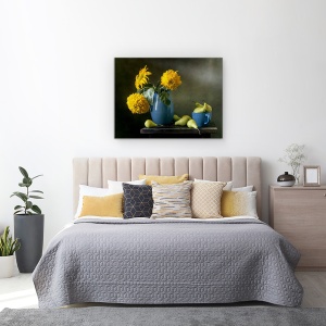 Tablou Canvas - Floarea-Soarelui, Pere, Vaza, Albastra, 75 x 100 cm - Img 3
