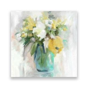 Tablou Canvas - Floral, Flori, Bujori, Vaza, Pictura, Galben, 60 x 60 cm