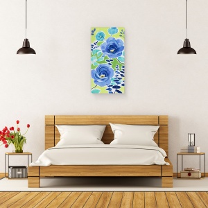 Tablou canvas - Flori Albastre, Fundal Verde, Pictura, 50 x 100 cm - Img 3