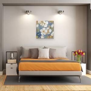 Tablou canvas - Flori, Natura, Copac Ramura, Bud, Flori albe, Pictura, 60 x 60 cm - Img 3