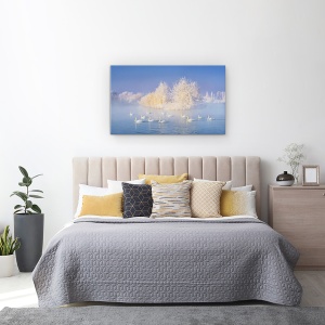 Tablou canvas - Lacul Lebedelor, Albastru, Lac, Iarna, Ceata, 50 x 80 cm - Img 3