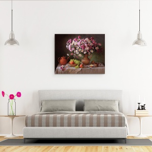 Tablou Canvas - Natura Moarta, Buchet, Floare, Roz, Vaza, Struguri, Cana, 40 x 50 cm - Img 3