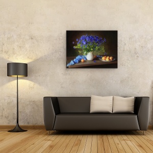 Tablou Canvas - Natura Moarta Cu Albastrea si Caisele, Blue, Buchet, Floare, 60 x 80 cm - Img 2