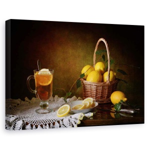 Tablou canvas - Natura moarta cu lamai, Natura moarta, Ceai, Cana, Sticla, 60 x 90 cm