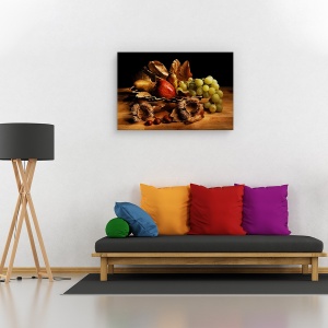 Tablou canvas - Natura moarta, Natura moarta, Struguri, Mere, Frunze, 80 x 120 cm - Img 2