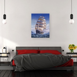 Tablou canvas - Natura, Peisaj, Nava, Mare, Valuri, Munti, Nori, Pictura, 60 x 80 cm - Img 3