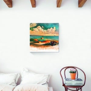 tablou decorativ canvas nautic cu bărci pe plajă 60x60 cm