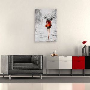 Tablou canvas - Oameni, Femeie, Rochie Portocalie, Ploaie, Pictura, 80 x 120 cm - Img 2