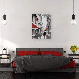 Tablou canvas - Oras, Cladiri, Paris, Oameni, Cafenea, Ploaie, Pictura, 50 x 70 cm - Img 3
