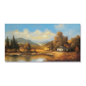 Tablou Canvas - Peisaj, Dealuri, Rau, Copaci, Casuta, Toamna, 50 x 100 cm